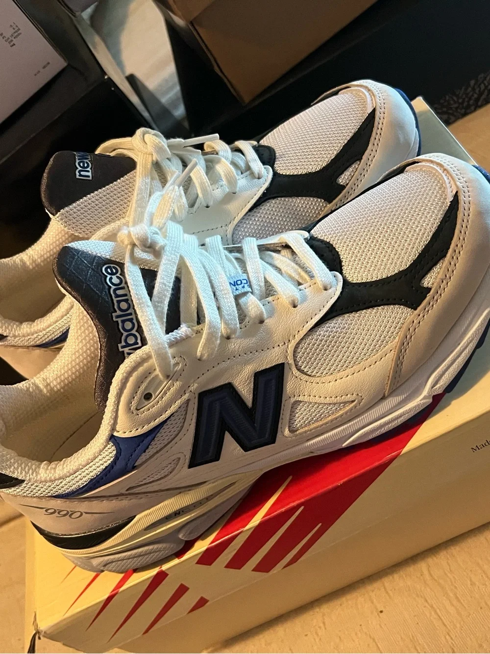New Balance Teddy Santis 990v3 White and Blue Athletic Sneakers